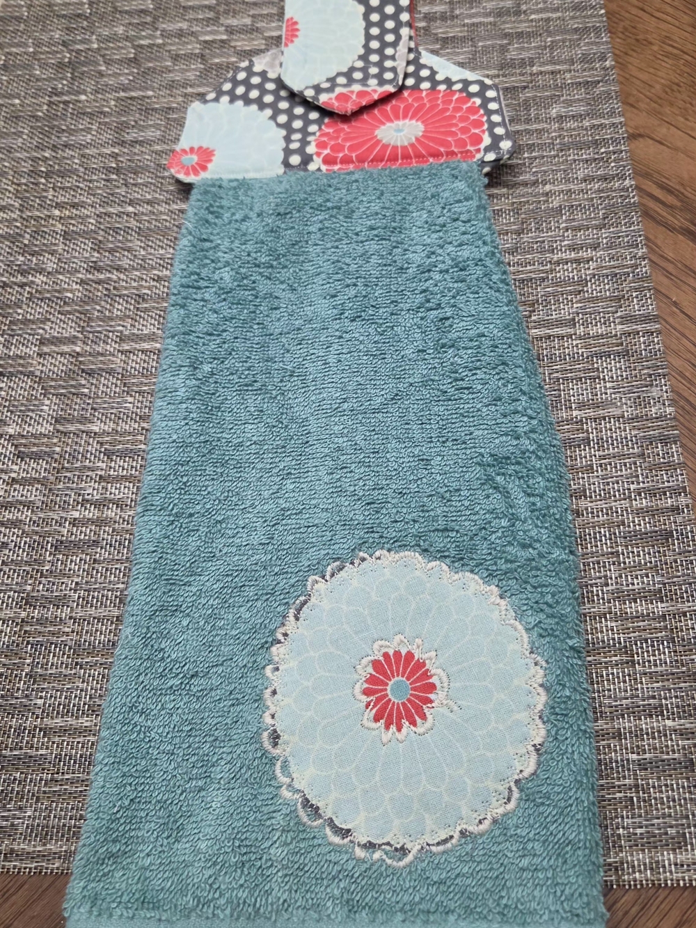 Turquoise Hanging Kitchen Towel with Floral Appliqué